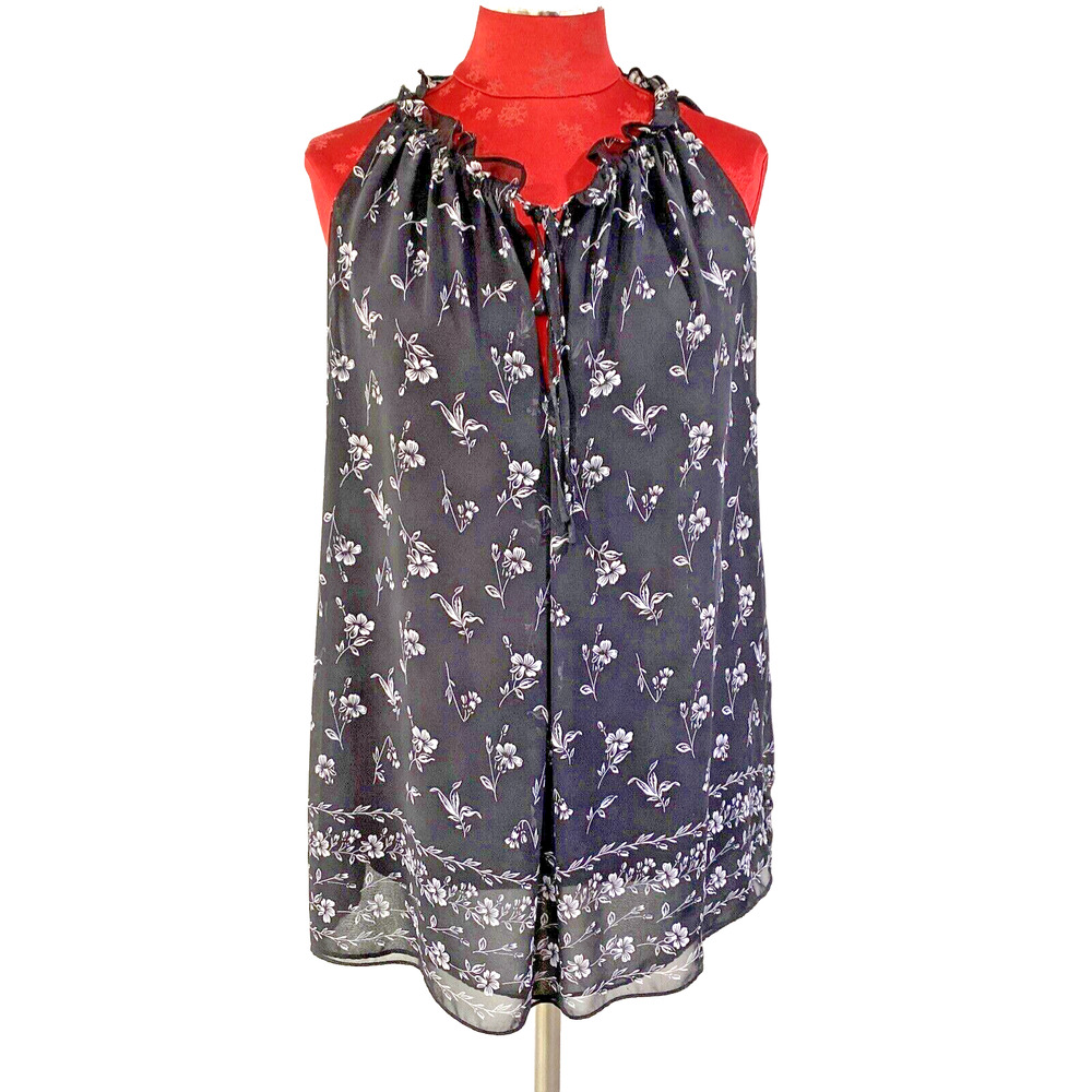 Max Studio Size XL Black & White Sleeveless Sheer Floral Peasant Style Blouse